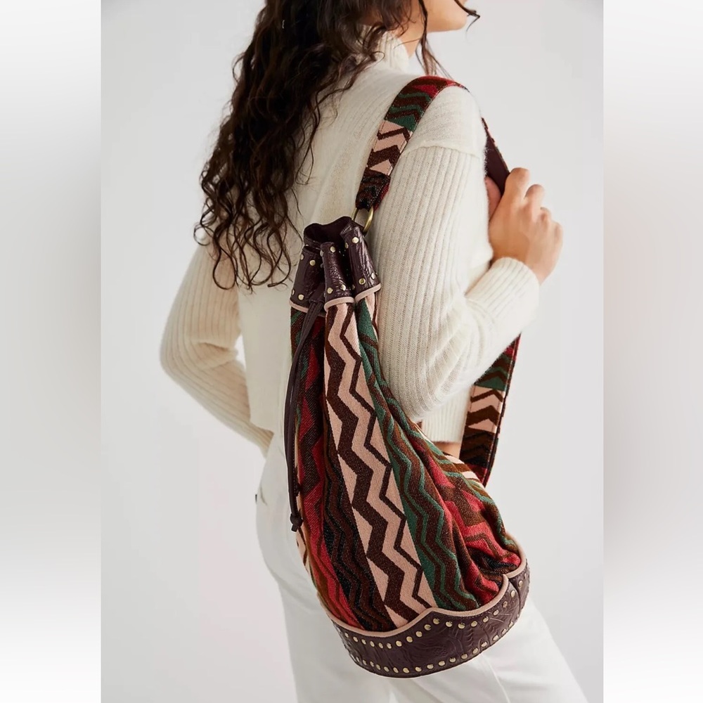Free People Zola Leather Trimmed Tapestry Sling Bag Wavy Baby Stripes NWOT $198